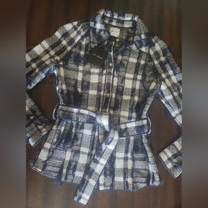 NWT St John Navy & White Plaud Fringe Button Jacket With Belt XS